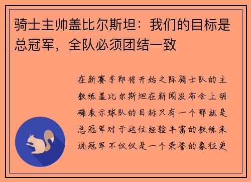 骑士主帅盖比尔斯坦：我们的目标是总冠军，全队必须团结一致