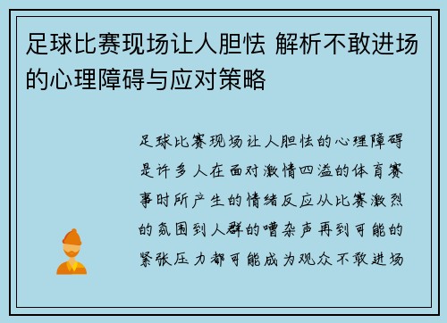 足球比赛现场让人胆怯 解析不敢进场的心理障碍与应对策略