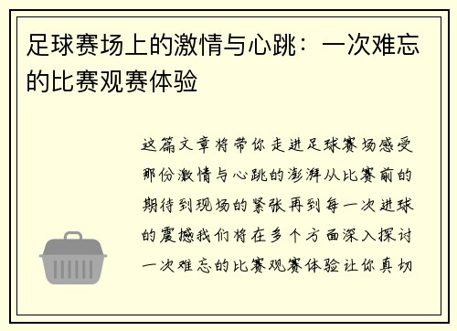 足球赛场上的激情与心跳：一次难忘的比赛观赛体验